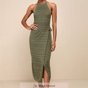 Lulu's Olive Crochet Midi Dress
